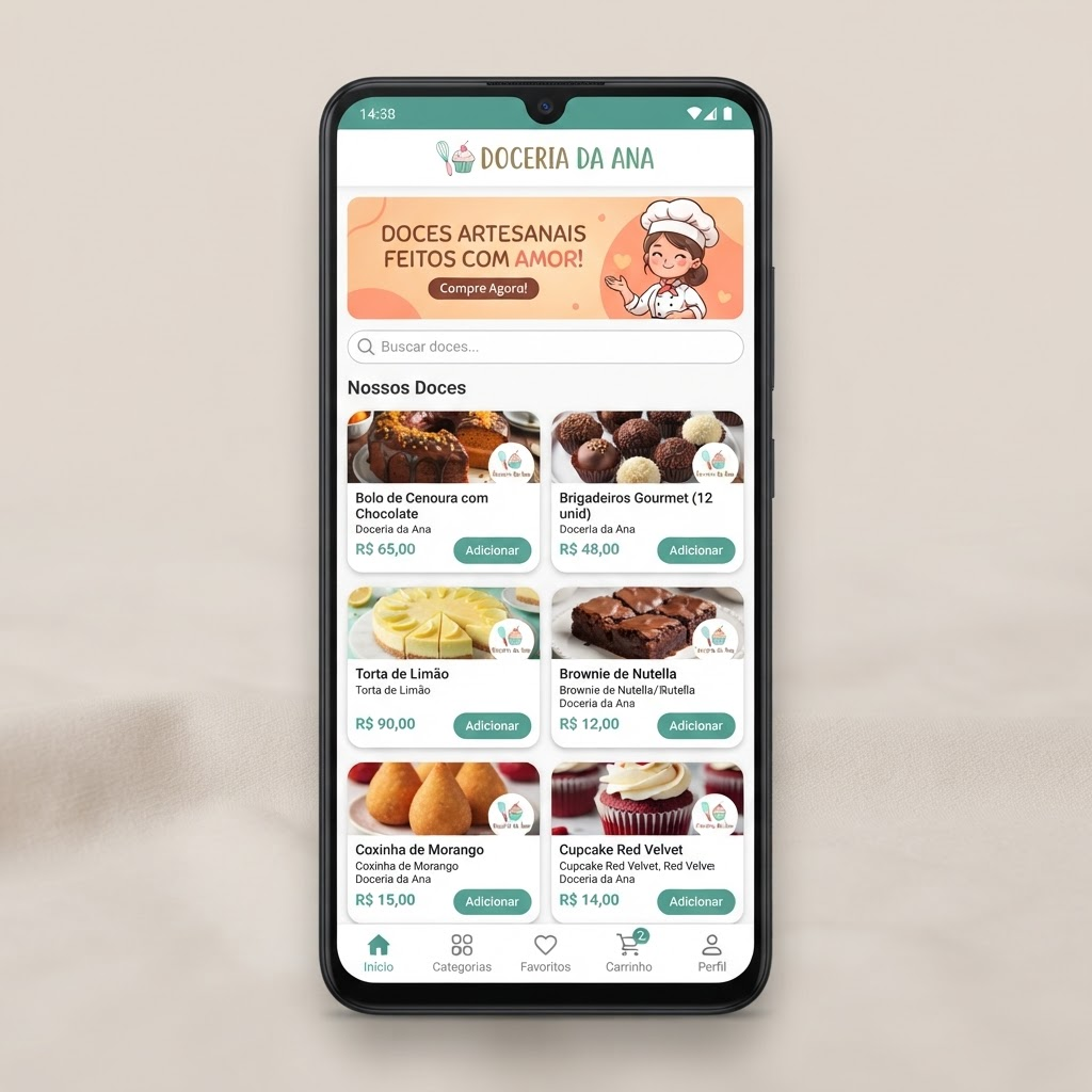 Vitrine de uma loja online exibida em um celular, mostrando produtos e preços