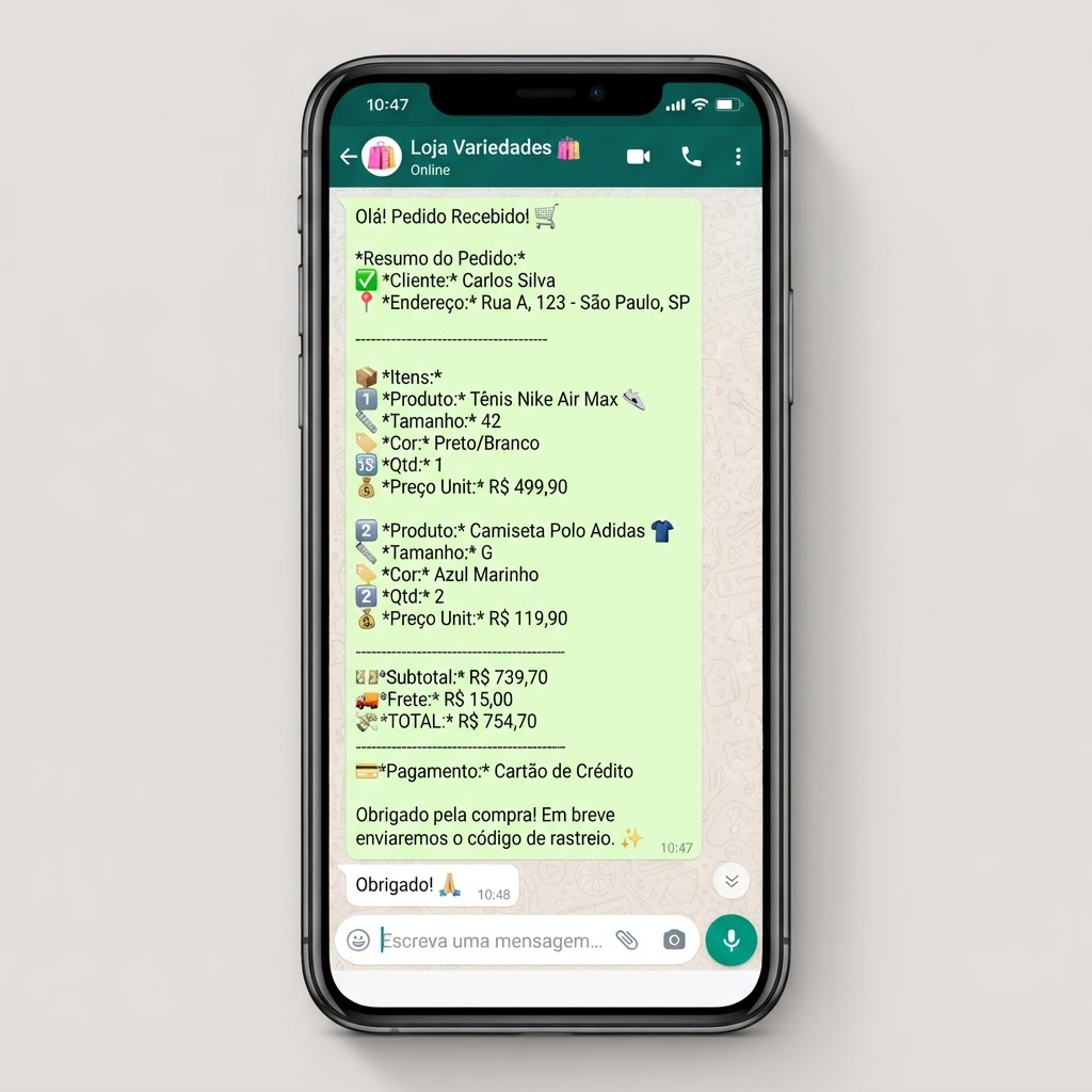 Tela de WhatsApp recebendo um pedido organizado com produto, quantidade e total